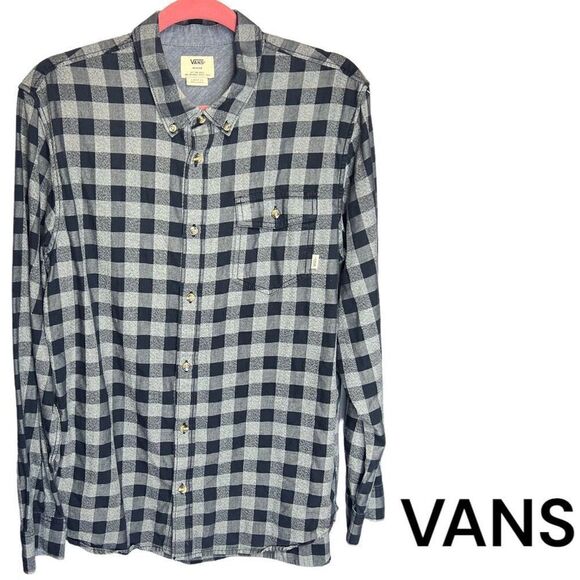 Men’s VANS Long Sleeve Checkered Flannel Button Down Shirt Grey Black Medium - Picture 1 of 7